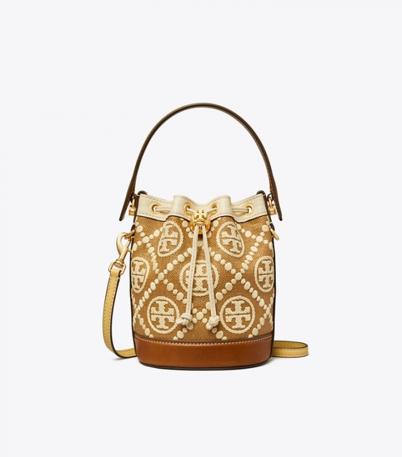 Tory Burch T Monogram Embroidered Raffia Mini Bucket Bag Dam | QYMTPBL-80