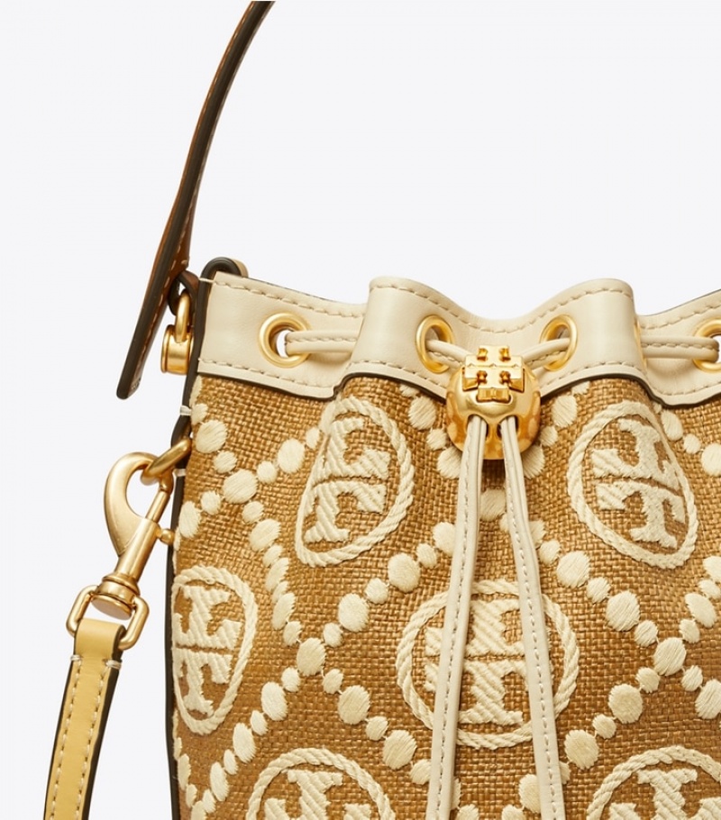 Tory Burch T Monogram Embroidered Raffia Mini Bucket Bag Dam | QYMTPBL-80