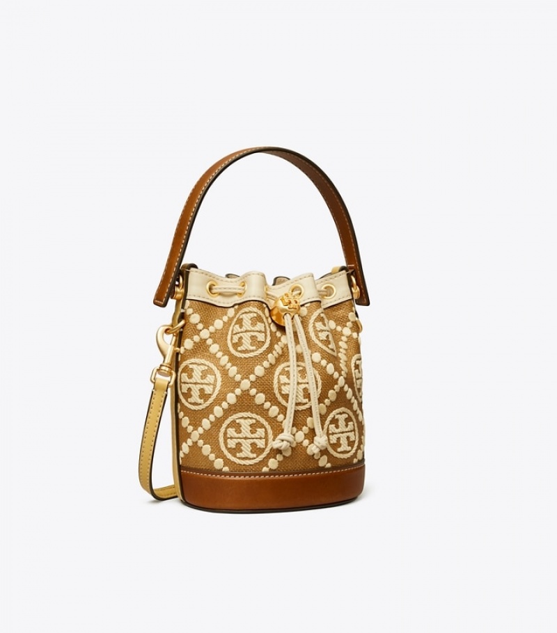 Tory Burch T Monogram Embroidered Raffia Mini Bucket Bag Dam | QYMTPBL-80